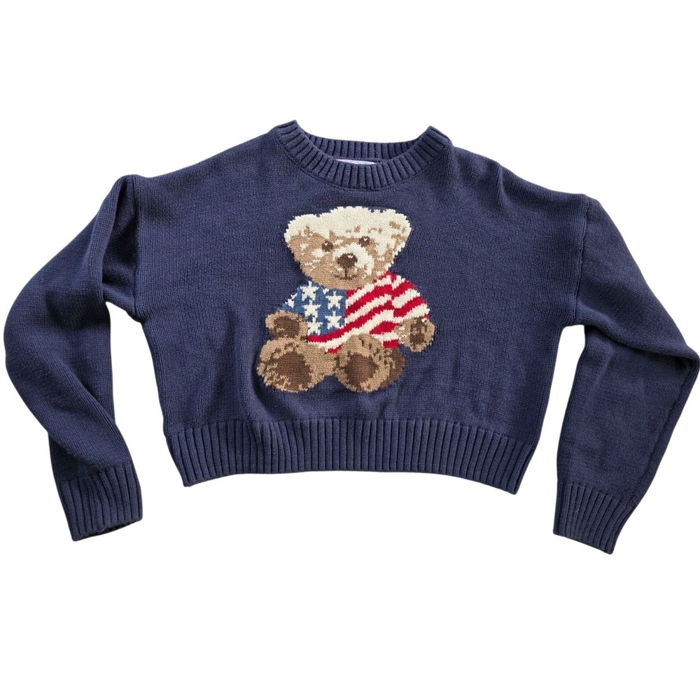 Patriotic Teddy Bear Women's Navy Blue Knit Sweater Cropped Americana Flag Med
